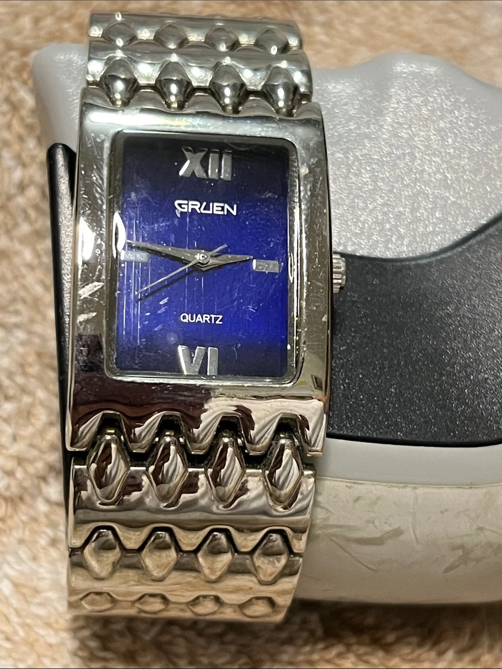 Men's Silver-Tone Bracelet Watch with Blue Dial